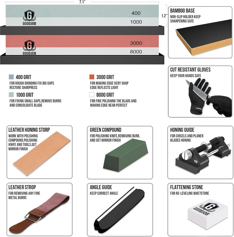 goodjob Complete Knife Sharpening Stone Kit - Premium Whetstone Knife Sharpener Stone - Dual Grit 400/1000 3000/8000 Wet Stone Sharpening Kit with Cut Resistant Gloves, Honing Guide, Bamboo Base - Image 5